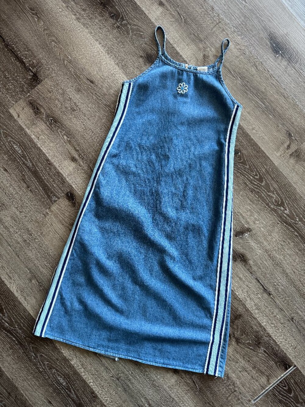 Denim Midi Slip Dress with Contrast Side Stripes - Blue